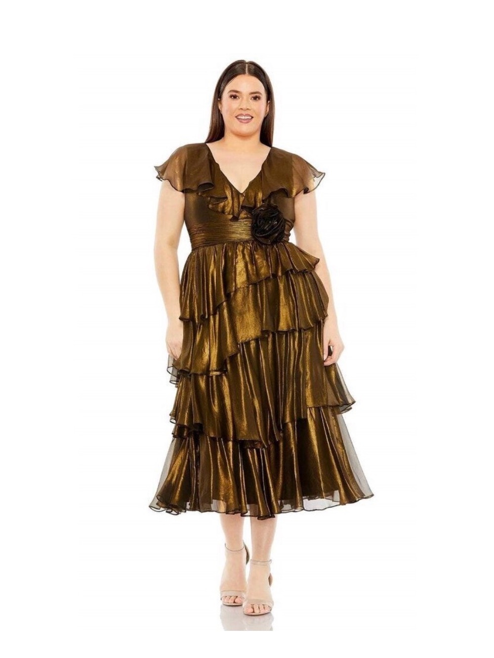 NWT Mac Duggal Ruffled Tea-Length Evening Dress Black Gold 14W